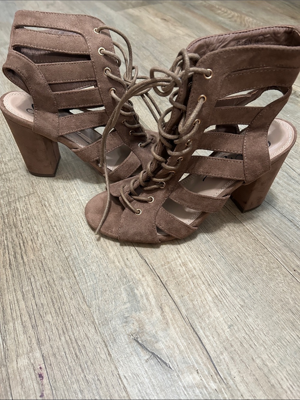 So Me Brown Suede Lace-Up Block Heel Sandals